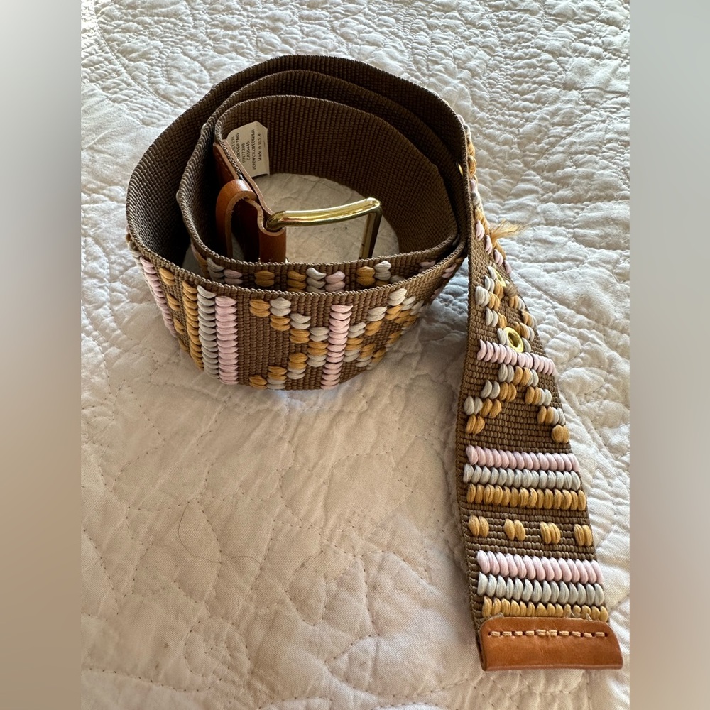 J Crew Woven Canvas Belt Tan & Pink Boho Sz M
